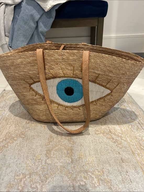 Handbags - Woven Straw Tote with Blue Eye Embroidery